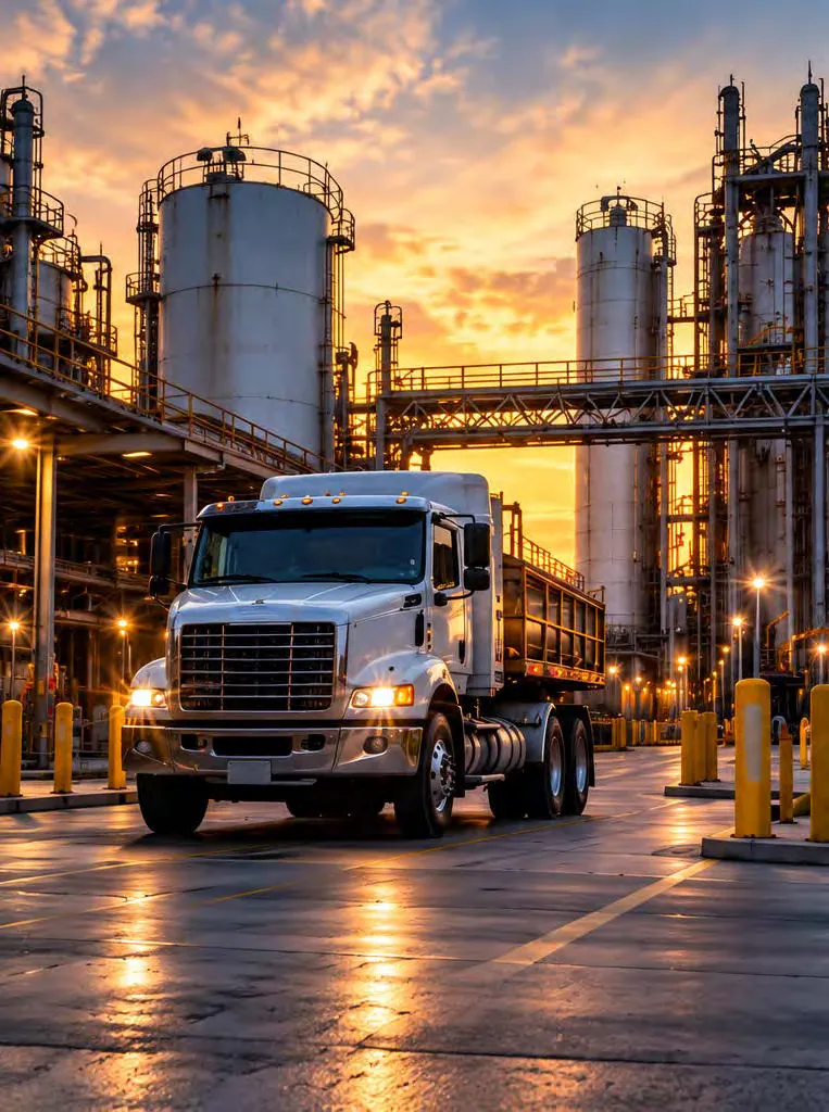 A semi truck parked at an industrial facility at dusk